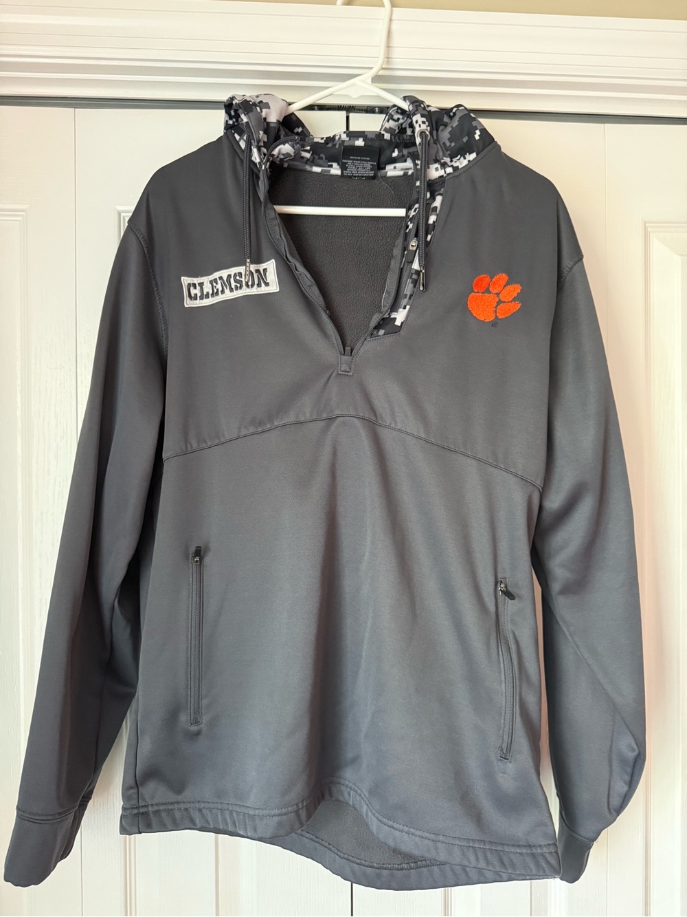 Clemson University Gray Hooded Pullover with Orange Paw Patch. Hoodie